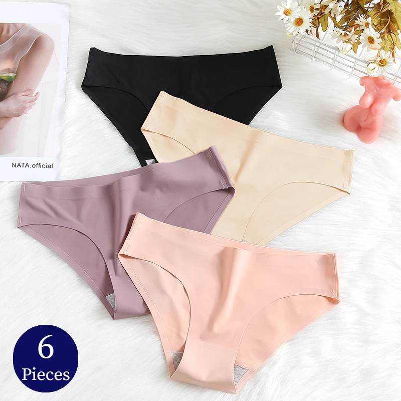 BZEL 6PCS/Set Women\'s Panties Solid Colors Seamless Briefs Breathable Woman Underwear Silk Satin Lingerie Sports Cozy Underpants