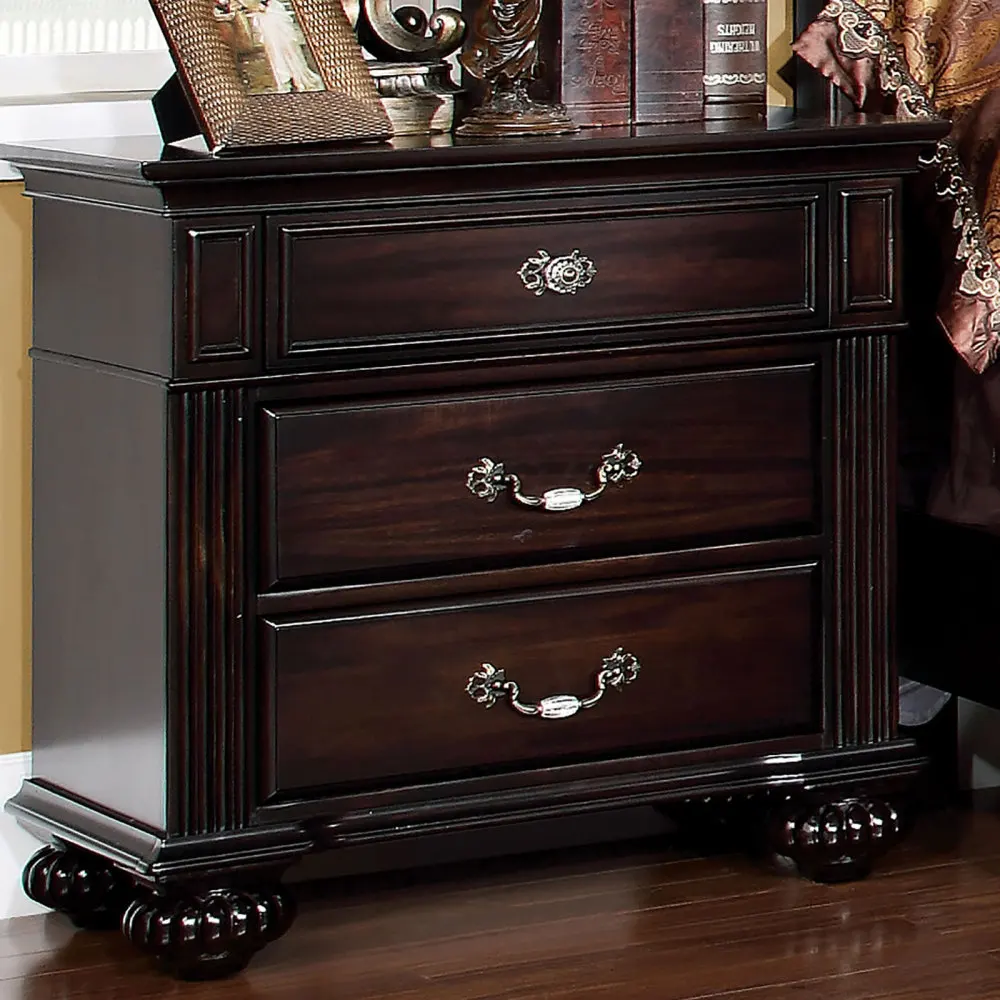 Nightstand with 3-Drawers and Metal Glides, Walnut Solid Wood  Bedside Table with Antique Brass Handles End Table for Bedroom