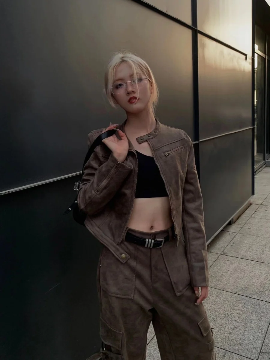 

Ретро американский крутой мотоциклетный костюм на молнии коричневого цвета, женское осеннее кожаное пальто в стиле панк с дизайном Sense Street Sle