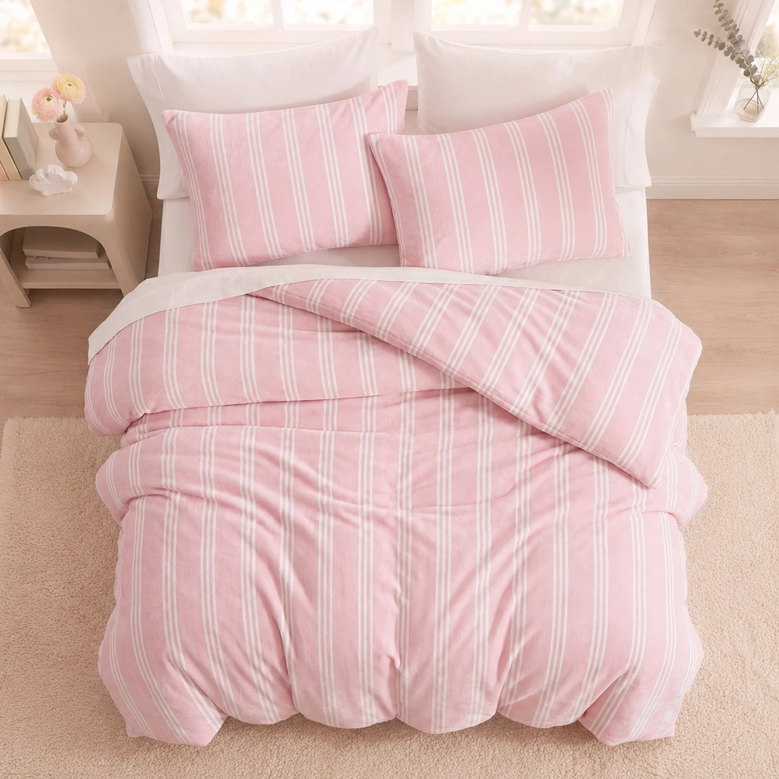 Stripe Duvet Cover Set Queen/King Size Soft Warm Flannel Fuzzy Bedding Set Faux Fur Plush Striped Bedding 3 Pieces 1 Duvet Cover 2 Pillowcases with Zipper Closure
