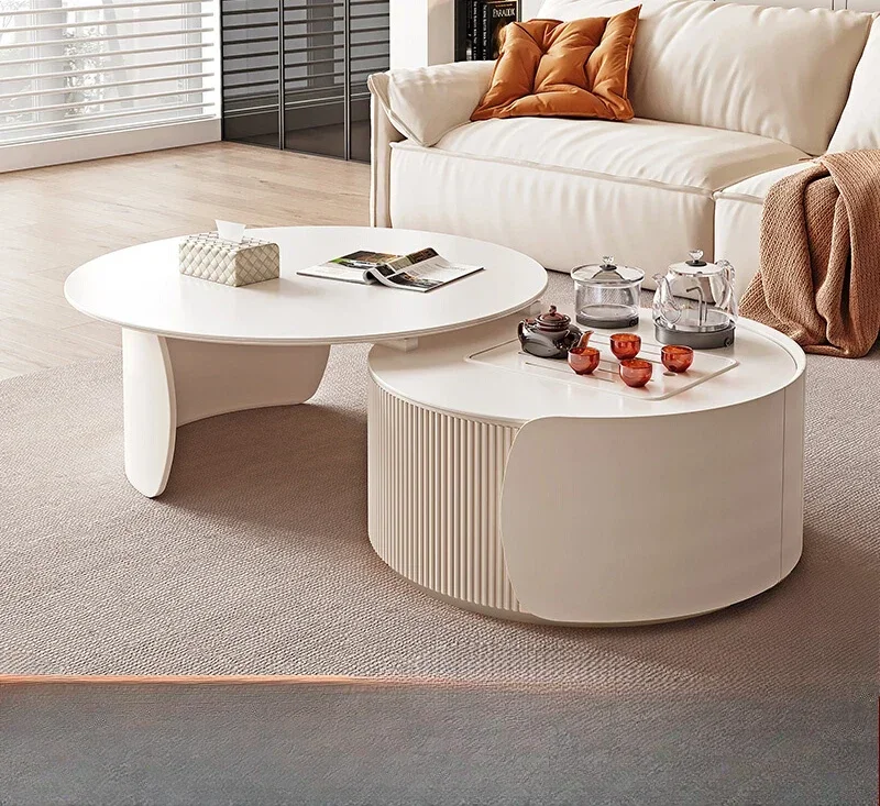 Cream style coffee table combination French light luxury living room household high-end rock slab round kung fu tea table