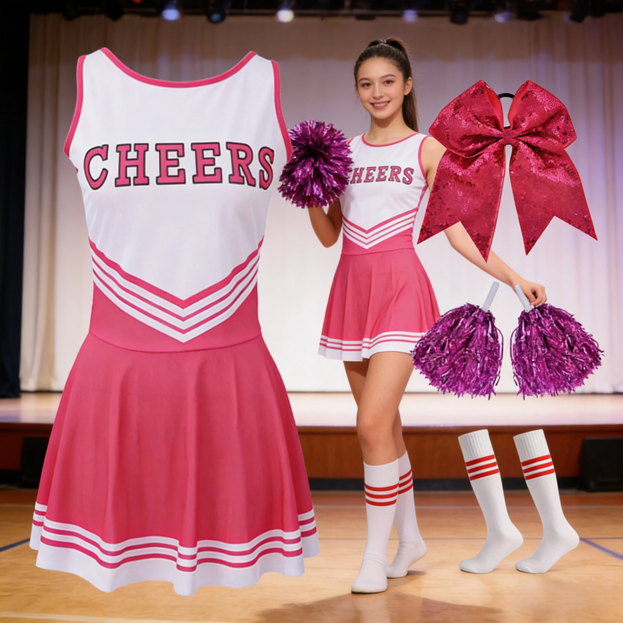 

Костюм чирлидерши для студенток, комплект из четырех предметов с бантом, для выступлений на сцене, соревнований, вечеринок, танцев, наряд для костюмированных мероприятий