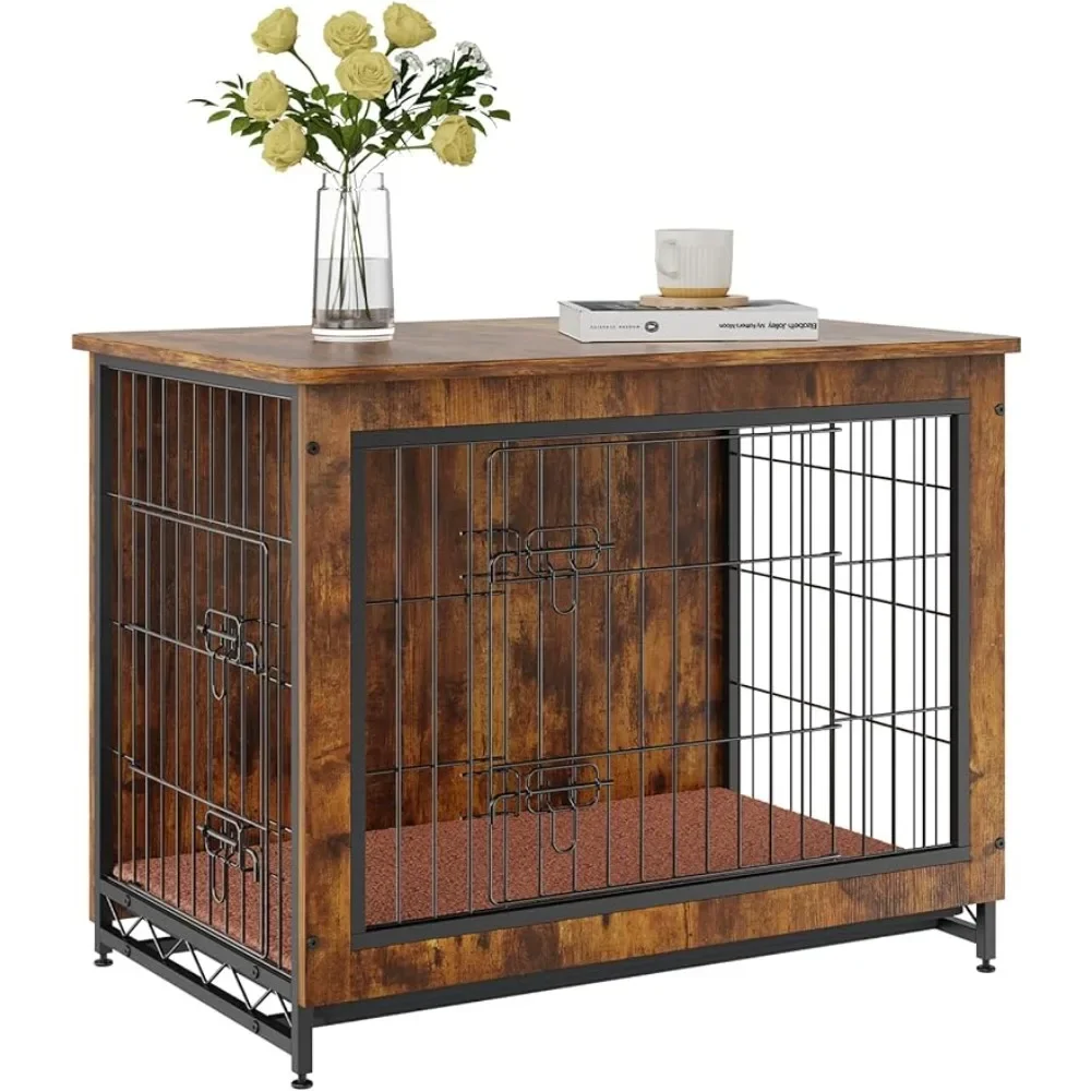 32 Inch Wooden Dog Crate With Double Doors Cats Cage for Big Dogs Modern Dog Kennel Indoor for Dogs Up to 45lb Rustic Brown Pet