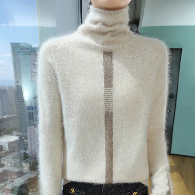 

Autumn winter warm cashmere sweater women's knitted high neck pullover 100% mink cashmere sweater casual fashion striped Korean