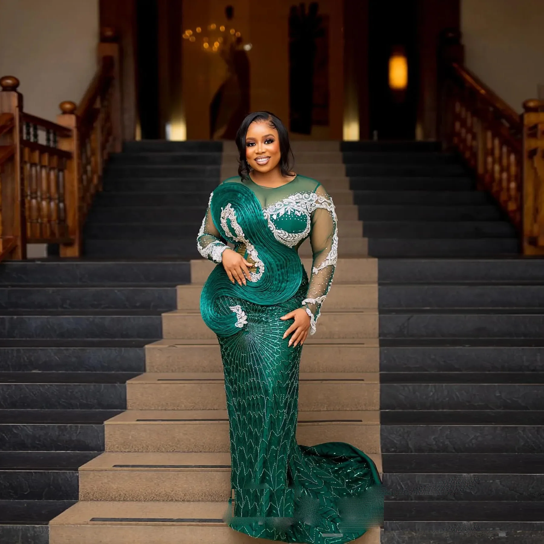 Dentelle luxe strass manches longues soirée formelle robes de soirée Aso Ebi Hunter vert sirène robes de bal Illusions plissées