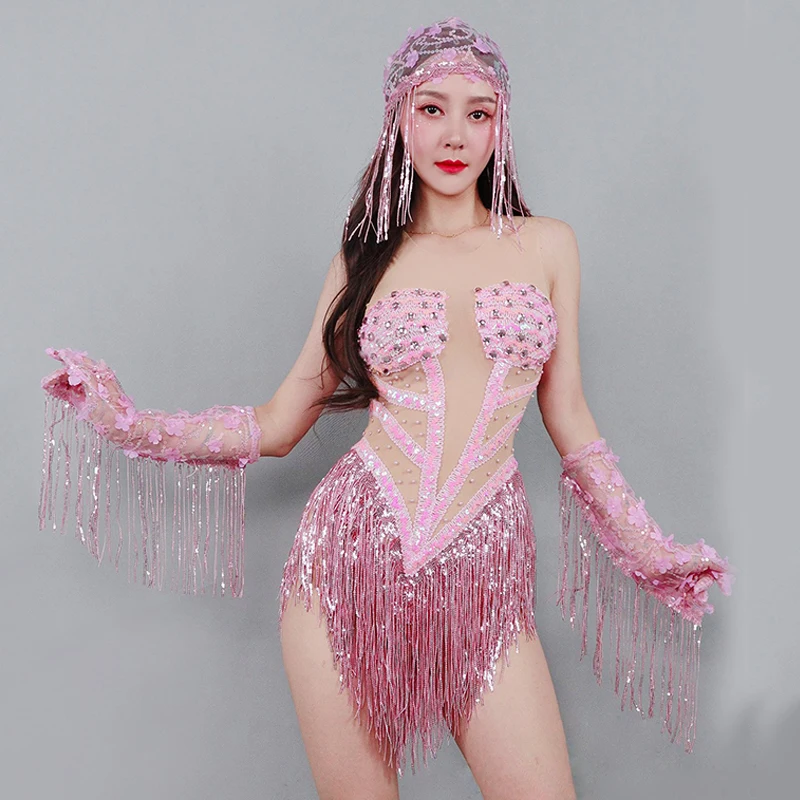 Sexy Roze Fringe Bodysuit Gogo Dans Kleding Nachtclub Bar Dancewear Zanger Showgirl Prestaties Outfit Party Rave Kleding yk