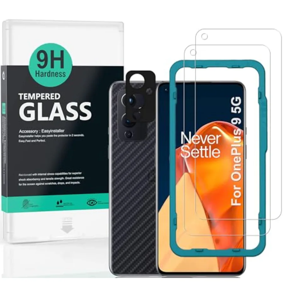 

Screen Protector For OnePlus 9 5G, with 2Pcs Tempered Glass, 1Pc Camera Lens Protector, 1Pc Backing Carbon Fiber Film [Fingerpr