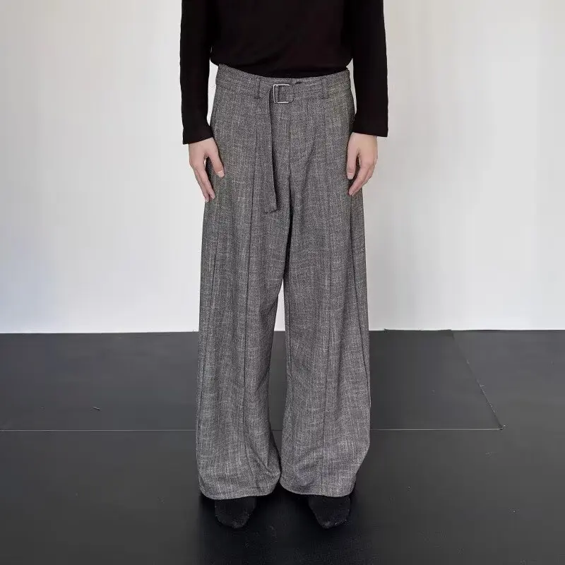 

Fashionable Casual Grey Bamboo Knot Woolen Trousers Sword Way Tie Belted Business Gentleman Style Long Pants for Men