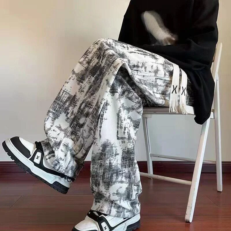 Tie-Dye Corduroy Men's Casual Pants Spring Autumn Thin American Style Loose Wide Leg Straight Cut Casual Trousers