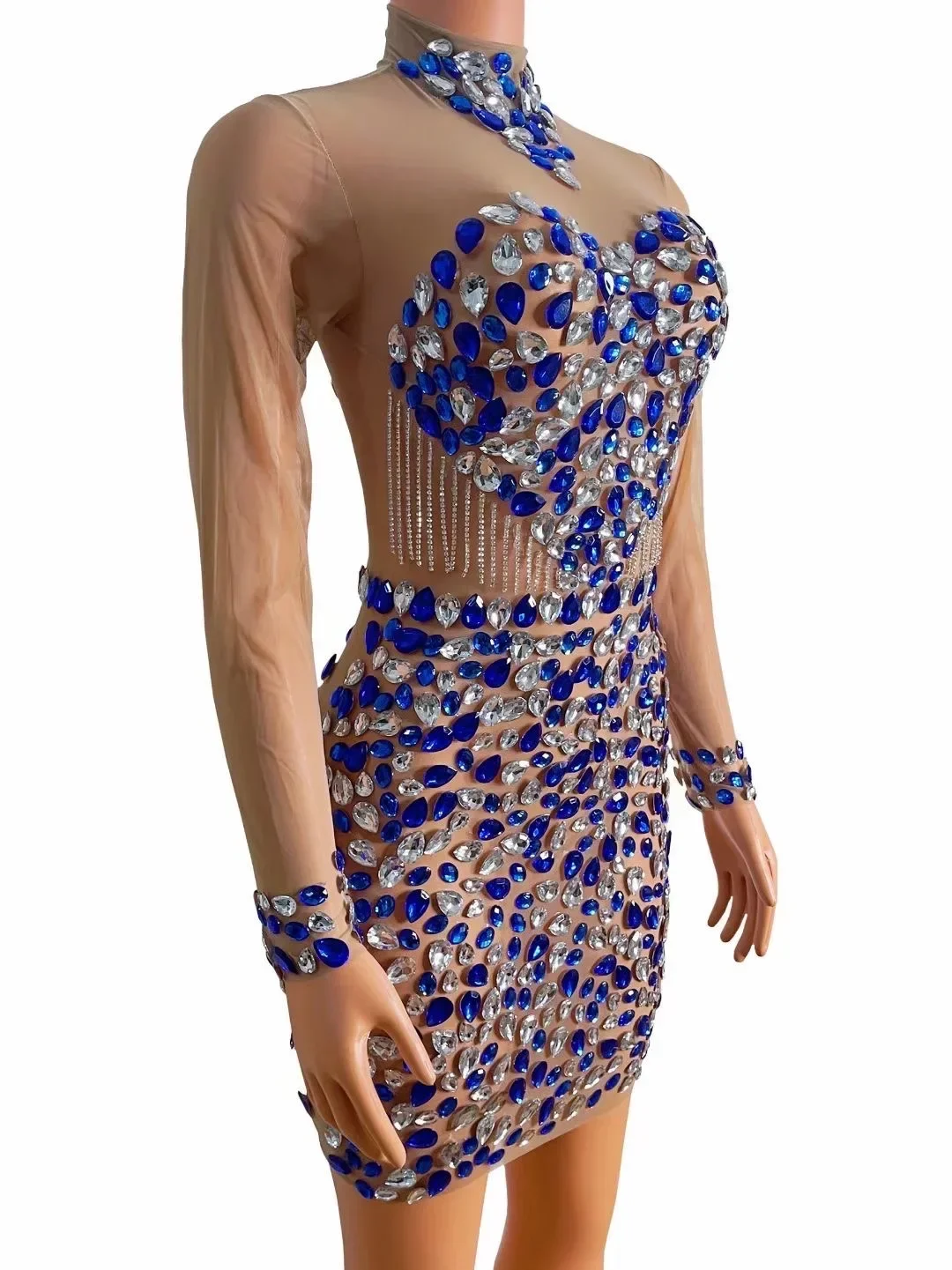 Robe fourreau Sexy à manches longues pour femmes, Perspective nue, pompon en cristal brillant, tissu de boîte de nuit, Costume de scène de danse de bal