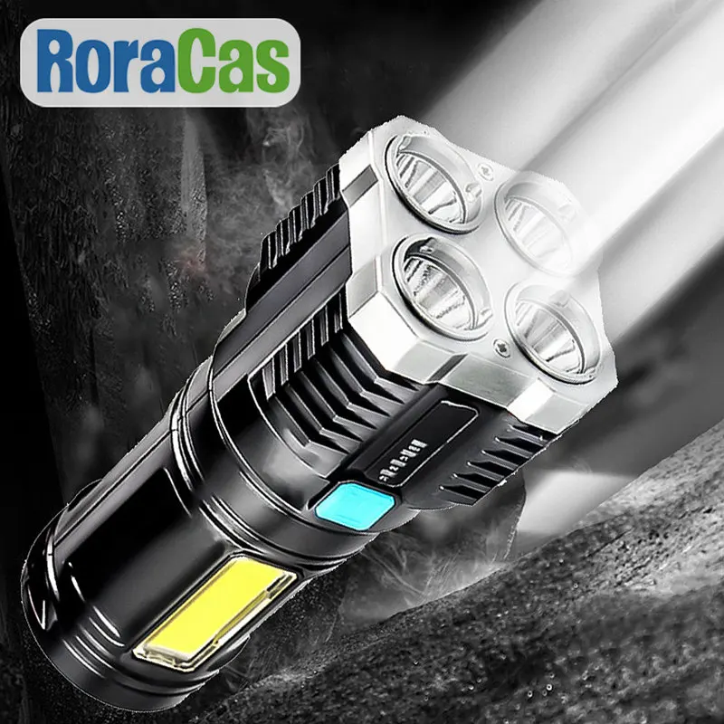 

High-light LED Flashlight With 4 Lamp Beads And COB Floodlight USB Rechargeable Outdoor Lighting Torch Portable Hand Lantern