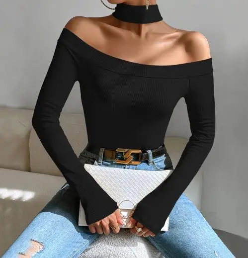 

Top Women 2026 Spring Autumn New Solid Color Off Shoulder Slim Fit Long Sleeved Casual Temperament Versatile Daily Top