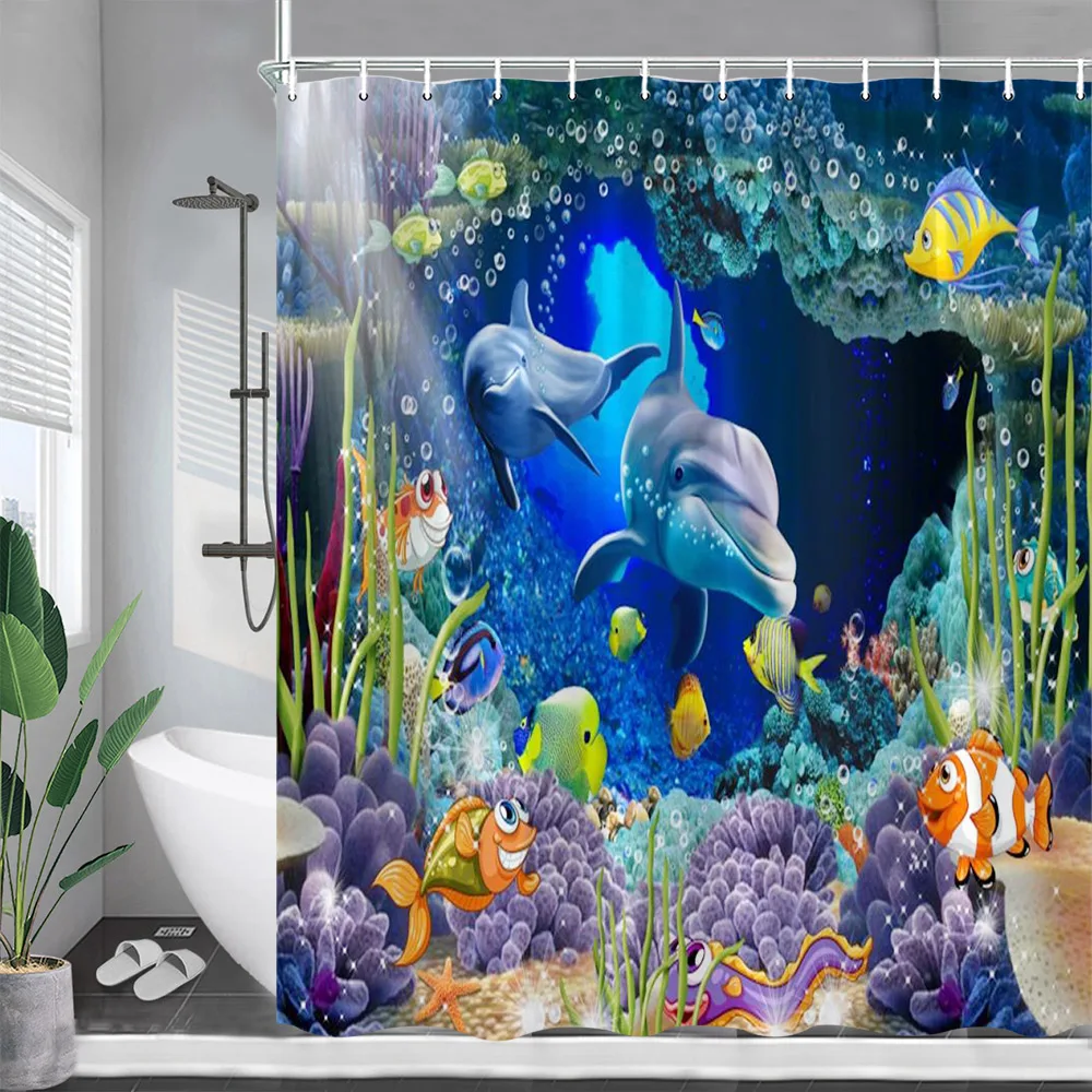 

Funny Dolphins Shower Curtains Ocean Tropical Fish Coral Underwater Cave Landscape Kids Bath Curtain Fabric Home Bathroom Decor