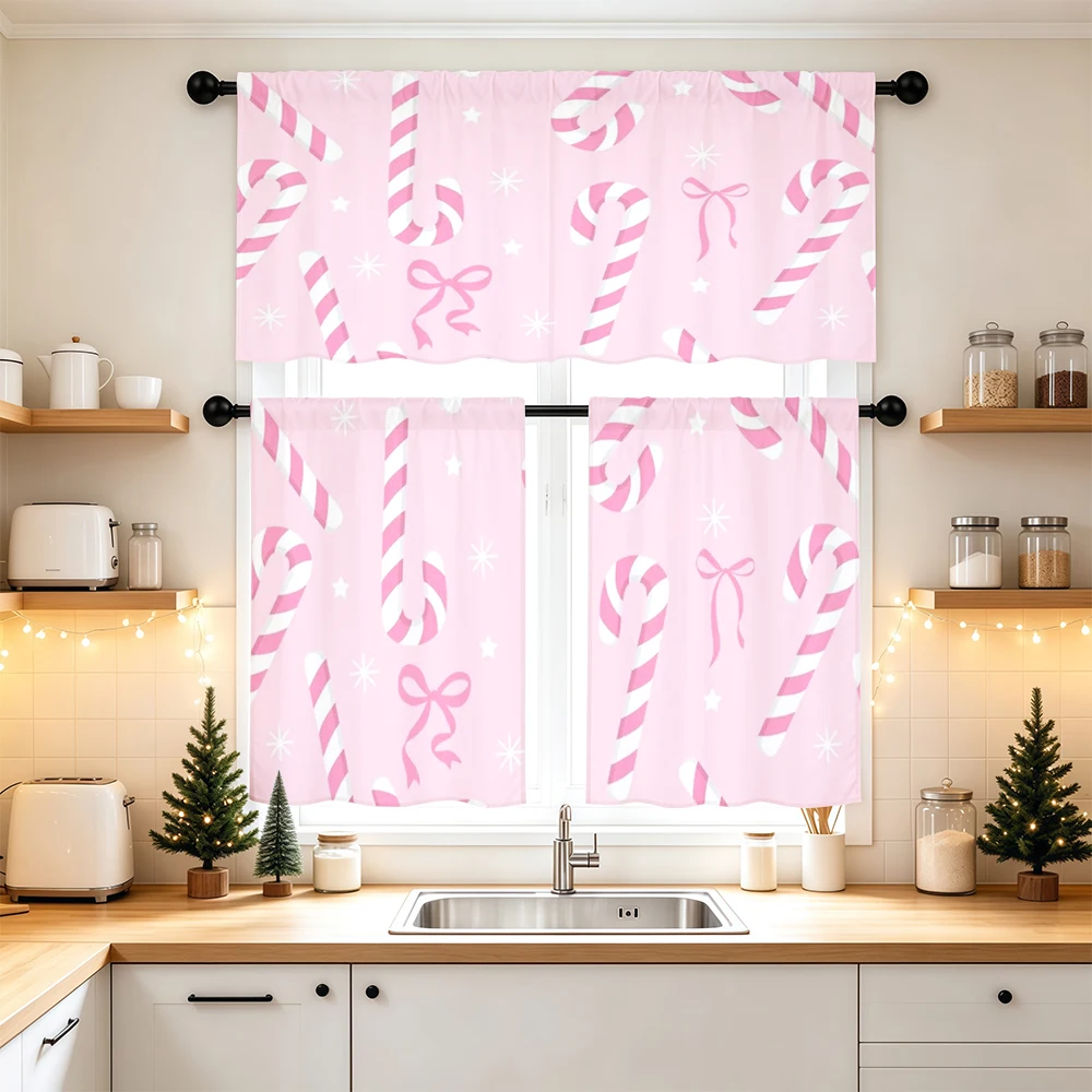 Christmas Kitchen Curtains, Pink Candy Cane Bow Star, Digital Print, Kitchen Dining Room, Rod Pocket Polyester, Home Decor