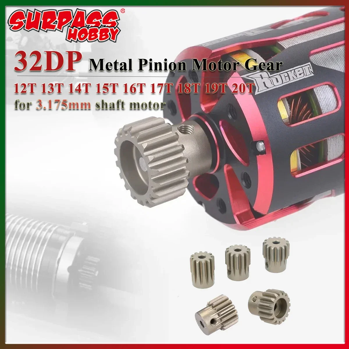 Surpass Hobby 32DP Metal Pinion Gear 12T 13T 14T 15T 16T 17T 18T 19T 20T 3.175mm for 1/8 1/10 1/12 RC Car Model Toy Motor Parts