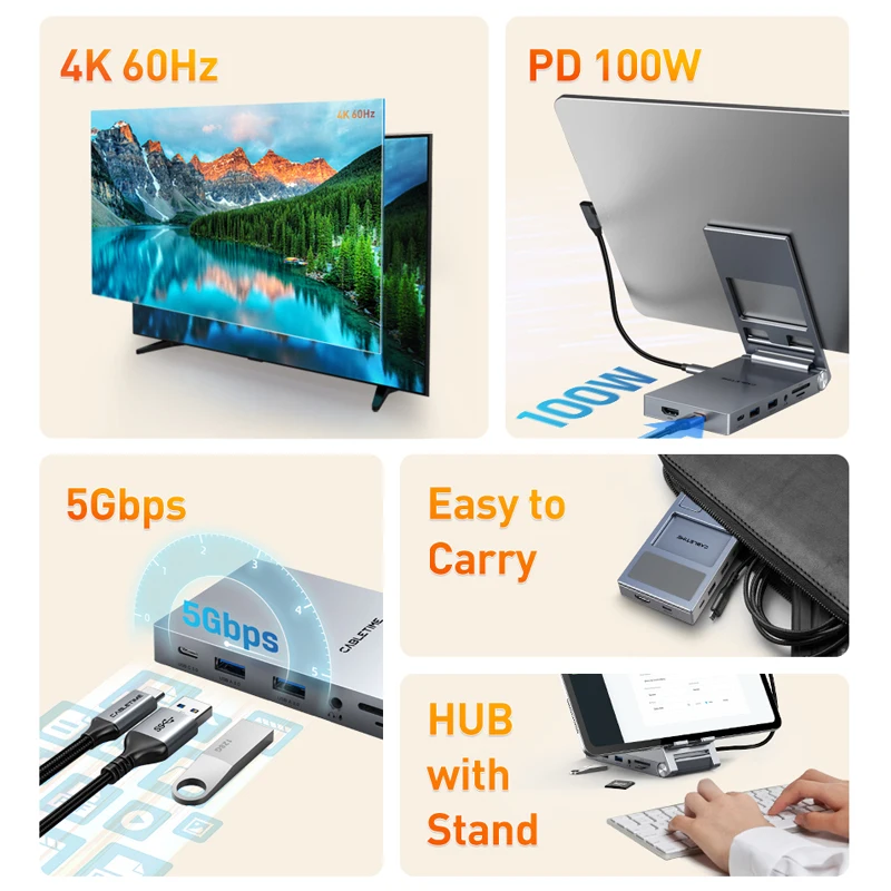 CABLEsmen-airies USB C avec support pliable, 8 en 1, HDMI, 4K, 60Hz, PD, 100W, 5Gbps, m.com x 3.5mm, pour IPad Pro, tablette Android, C503