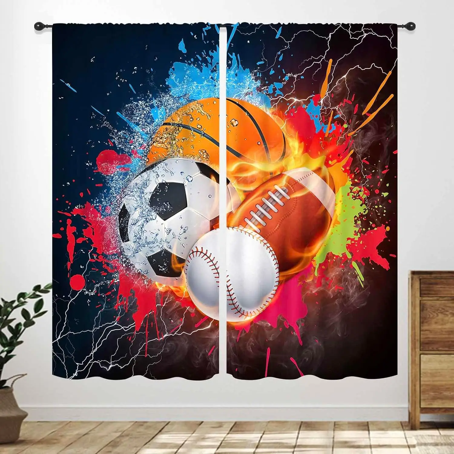Cool Splash Multisport Ball Theme Curtain 2 Panels Dark Base Thunder Flame Mixed Ball Print Window Curtain Sport Masculine Home