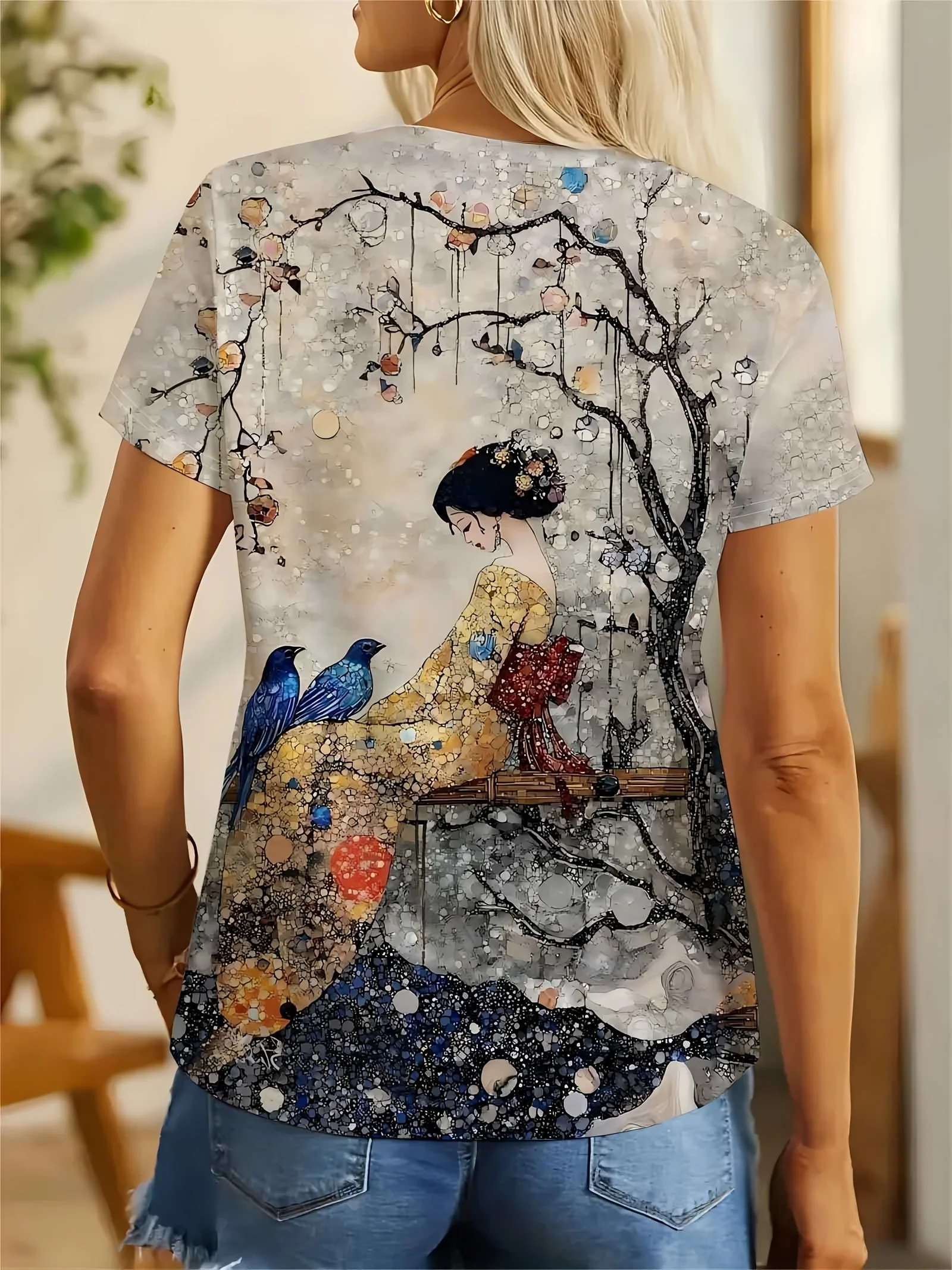 Beige Women's Tee - Japanese Geisha & Blue Birds Graphic, Artistic Oriental Print Design for Casual Daily Wear