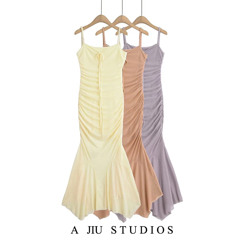 

Sexy Pure Desire Pleated Slim Fit Long Strap Dr Irregular Net Fi Tail Skirt Belted Women's Dr Summer Season Svel