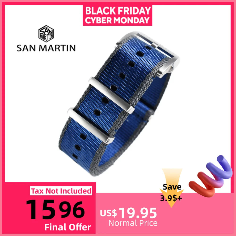 

Нейлоновый ремешок для часов San Martin премиум-класса 20 мм 20 мм, армейский ремешок с логотипом, пряжка, универсальный пилотный браслет, замена N113A