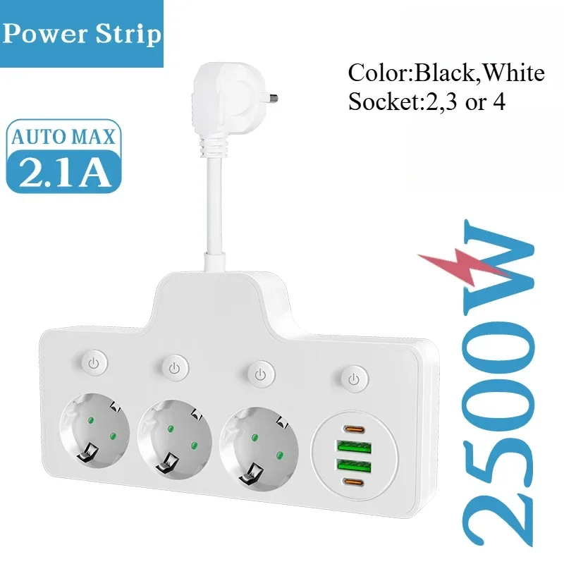 EU Plug Power Strip with 2 USB and 2 Type-C Ports.2,3 or 4 Slots Electrical Socket 8CM Extension Power Cord Multicontact Outlet
