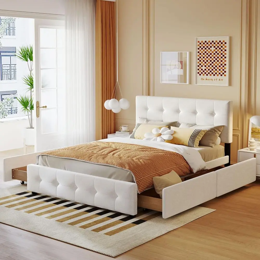 

Queen Size Upholstered Platform Bed with 4 Storage Drawers, No Box Spring Needed, Suitable for Boys, Girls, Teens, and Adults, W