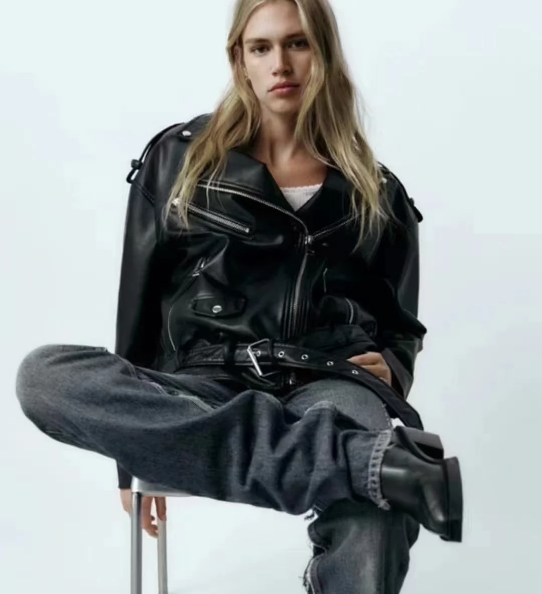 레트로 루즈핏 가죽 재킷 여성 캐주얼 슬레 지퍼 클로저 롱 코트 가을 신상품 PU 소재