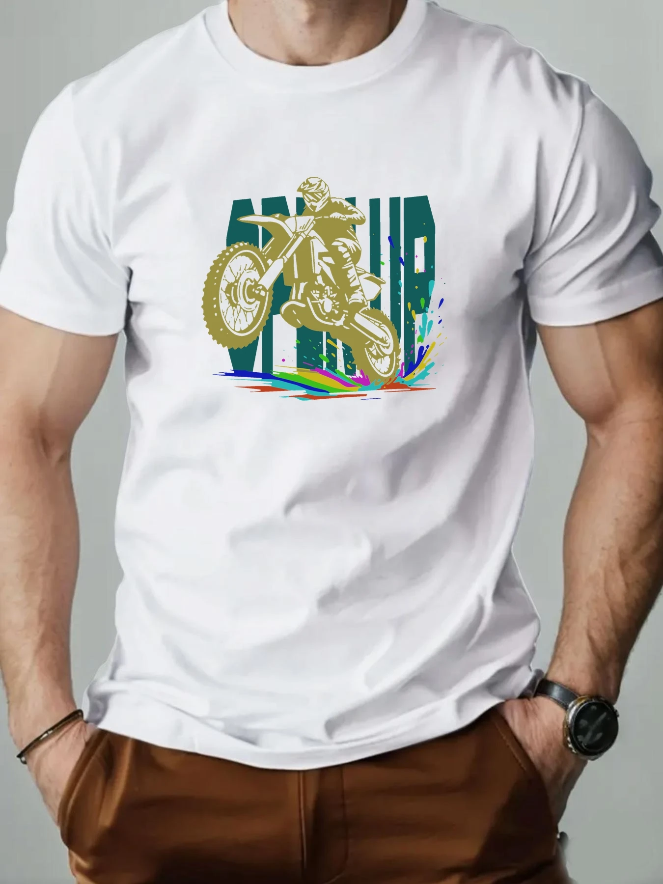 

Men t-shirt 100% Cotton Motorcycle Pattern Print Round Neck Breathable Streetwear Oversized Tee Casual High quality Clothing