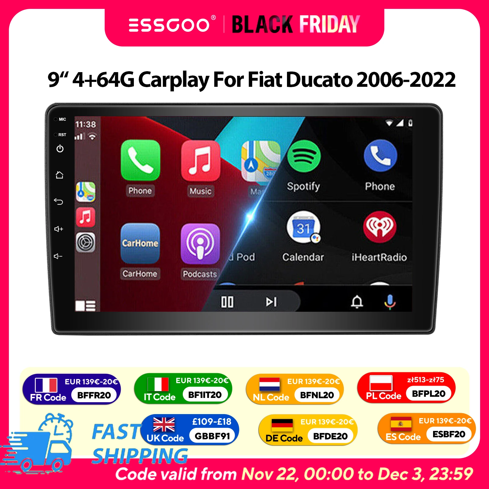 ESSGOO 9 "Android 15 4 + 64G Autoradio Per Fiat Ducato 2006-2022/Peugeot Boxer/Citroen Jumper Carplay Android Auto GPS Navi
