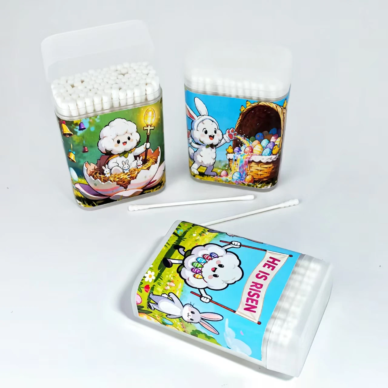 300 pieces of Easter-themed cotton swabs, Easter element double-headed fine-axis screw round cotton swabs