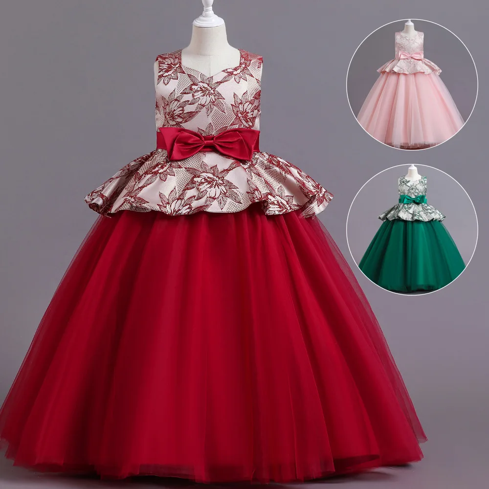 ELBCOS 4-16T Kid Girls Embroidery PATCHWORK No-Sleeve Bowknot Belt Skirt Fake Two Pieces Costume Evening Full Dress