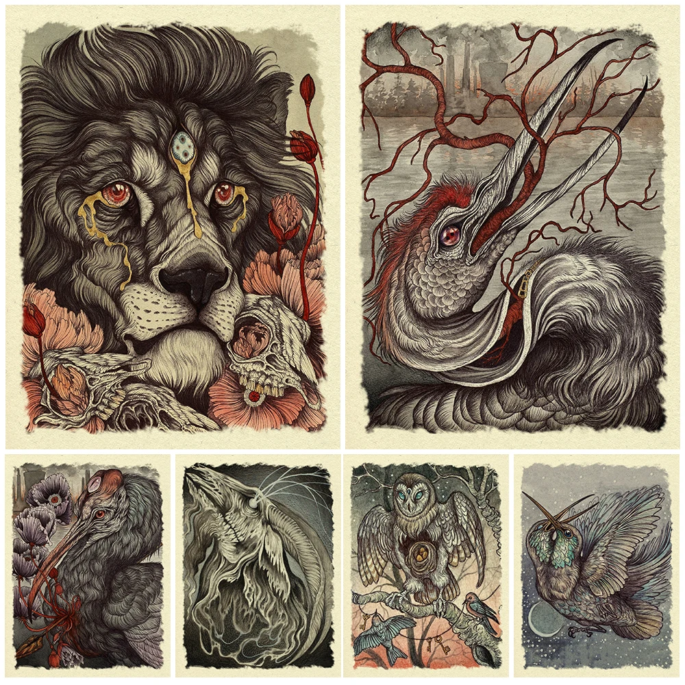 

Unicorn And Double Headed Bird Mysterious Magic Creature Vintage Wall Art Canvas Painting Harpy Succubs Art Poster Print Decor