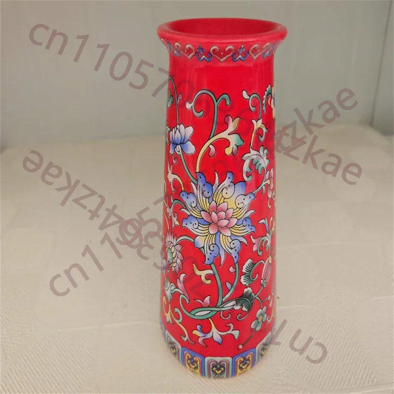 Chinese Old Porcelain red enamel Entangled Lotus patterned open end vase