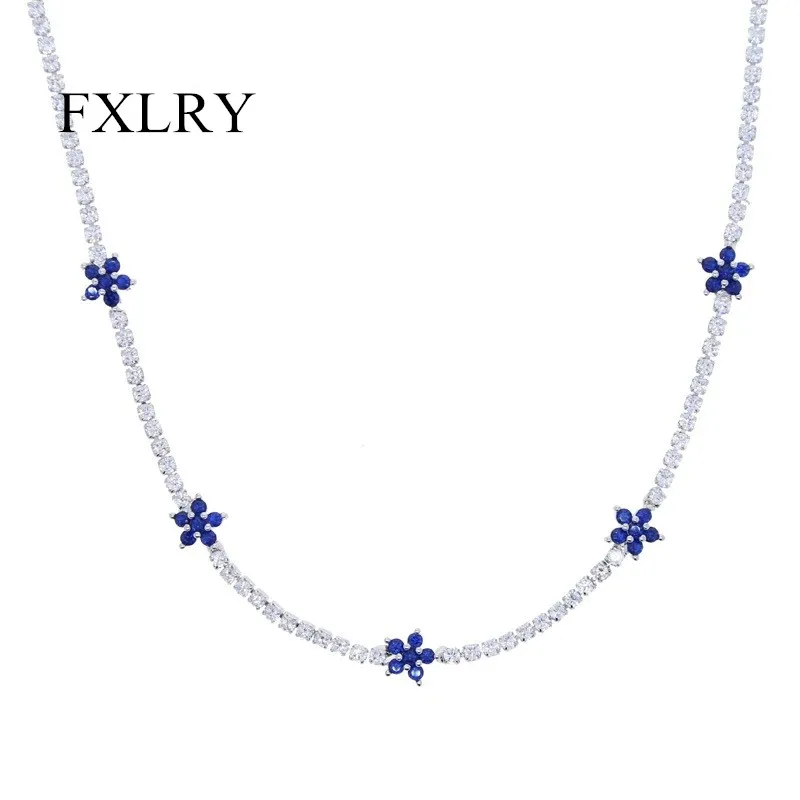 

FXLRY Romantic Daisy Flower Charm Green Blue Cubic Zirconia Tennis Chain CZ Choker Necklace For Women Accessory