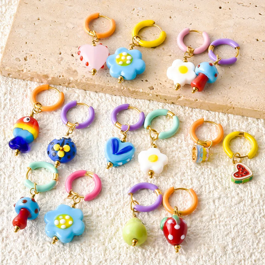 1Pair Korean Colorful Glazed Flower Sweet Love Y2K Girl Chic Huggies Aretes Cute Fruit Strawberry Mushroom Hoop Earrings Jewelry
