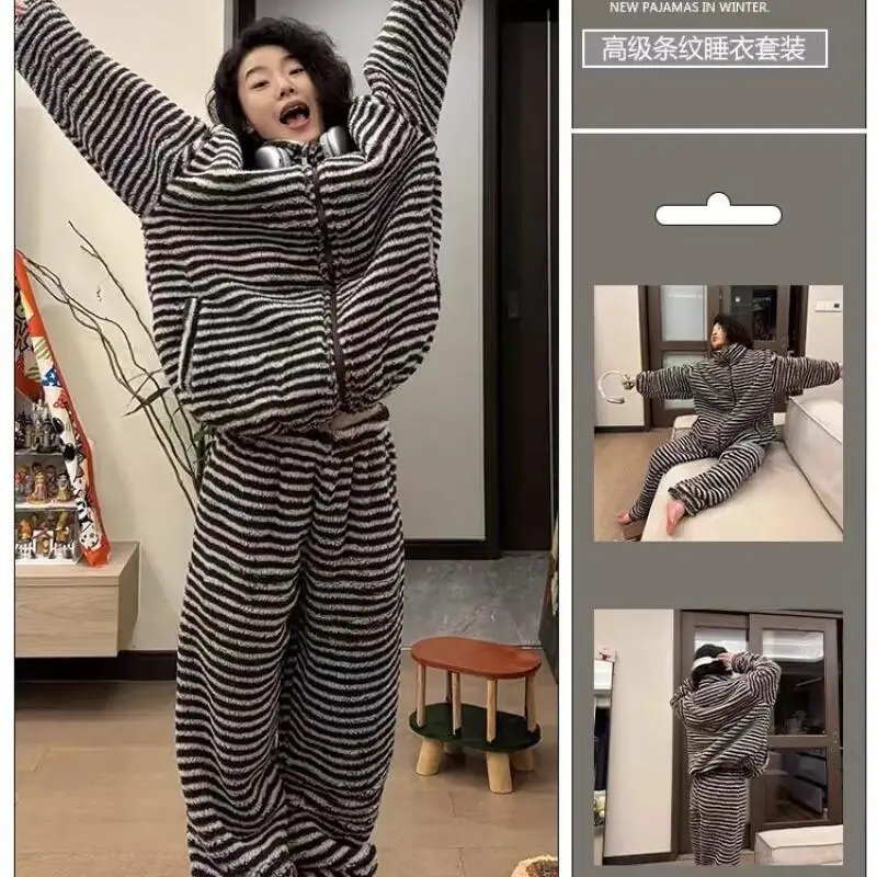 

Женская домашняя одежда с длинными рукавами, зимний комплект домашней одежды, пижамы из кораллового флиса для девочек, фланелевая утолщенная мягкая ночная рубашка на молнии в горошек