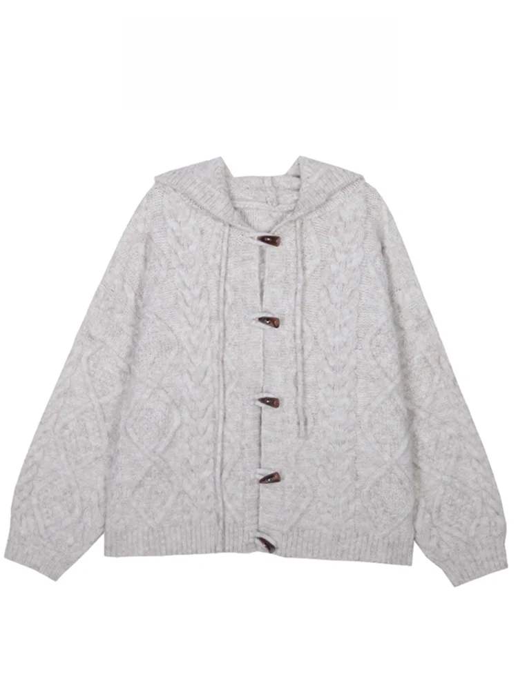 

Мягкий уютный свитер Lazy Sle Bull Horn на пуговицах с капюшоном, женский весенний свитер 2025, новая корейская версия, топ высокого класса