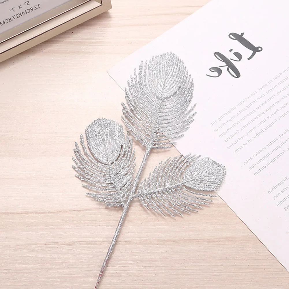 Simulated 3 Forks Christmas Hollow Glitter Phoenix Tail Leaves Tree Branch Xmas Tree Garland Hanging Ornament Pendant DIY