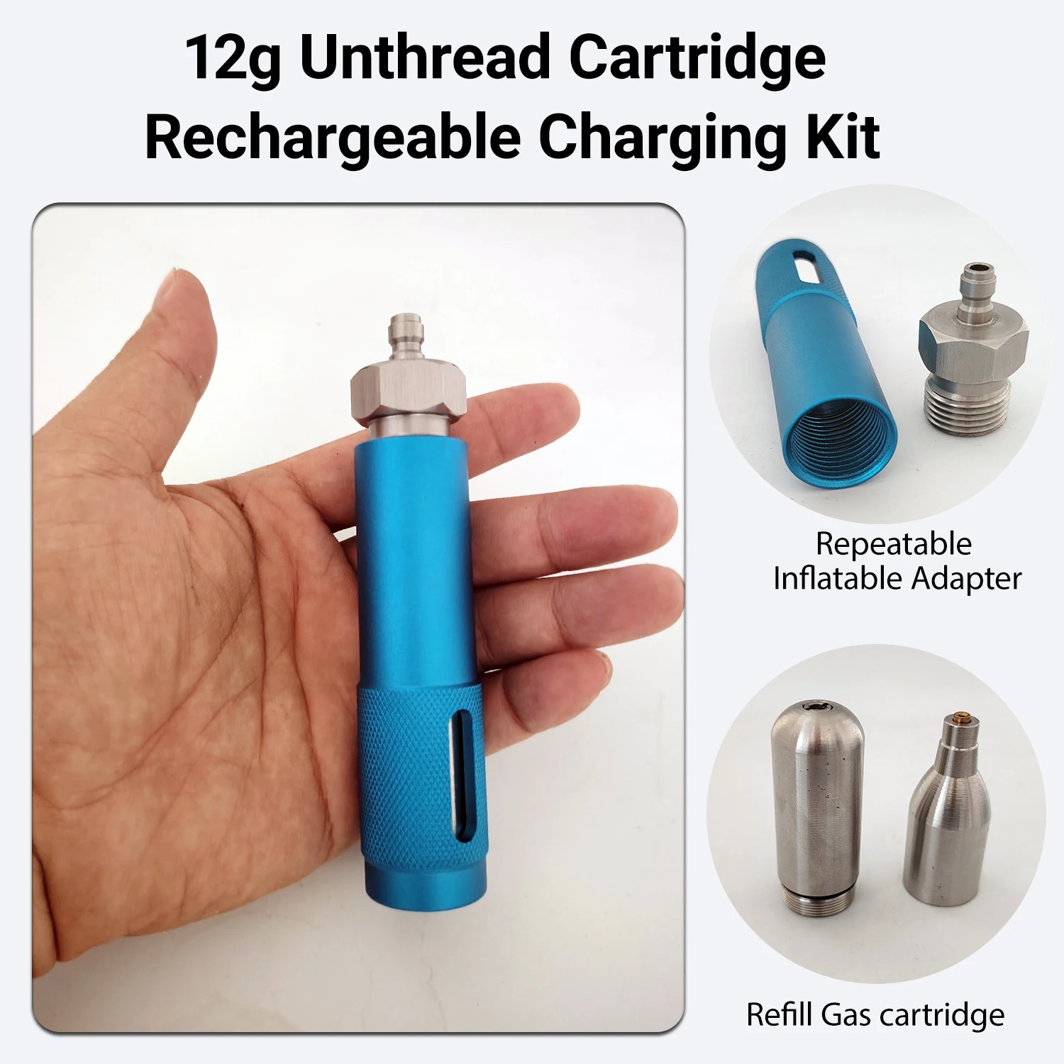 Reusable 12g CO2 Cartridge Refill Adapter 12g Unthread CO₂ Cylinder 304 Stainless Steel 500+ Uses for Air/Soda/Pneumatic/Tire