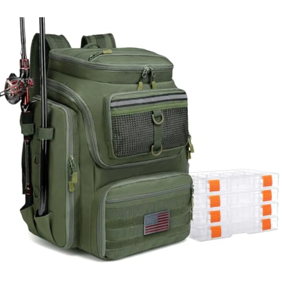 

Fishing Backpack with Rod Holders 40L Tackle Box Backpack for Fishing Gear Waterproof Black Fishing Bag for Men