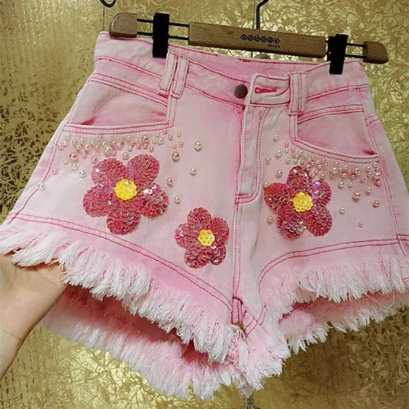 Rosa perla perline paillettes fiore nappa vita alta pantaloncini di Jeans abbigliamento donna estate moda Sexy dolce ragazza calda Jeans corti