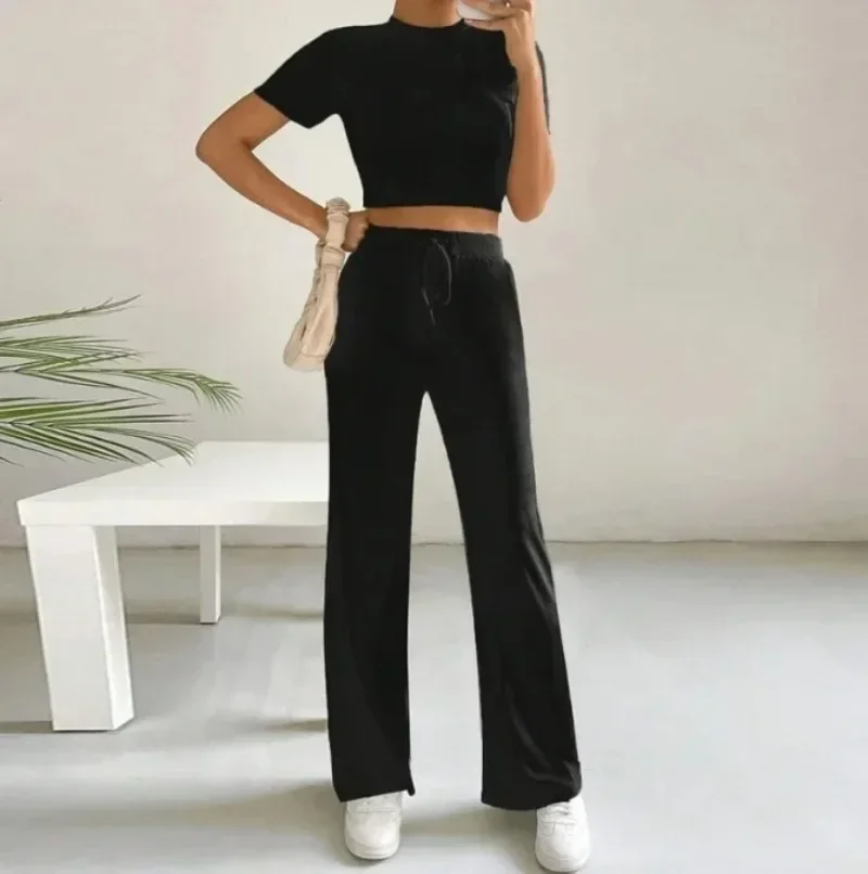 Two Piece Set for Woman Elegant Autumn New Fashion Fit Knitted Short Sleeves Top and High Waist Casual Wide Leg Pants Set YSQ34