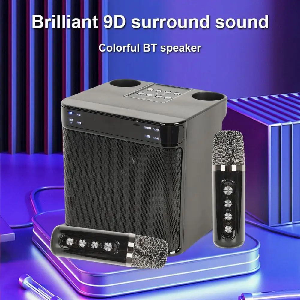 

10-ватный динамик Bt, портативный беспроводной комплект динамиков для караоке с двумя микрофонами, светодиодная подсветка, слот для Tf-карты для дома, КТВ, день рождения