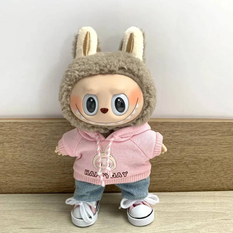 

17cm Mini Doll Clothes Outfit Accessories For Labubu Doll Pop Solid Color Hoodie T-shirt Short Hat Bag Clothes Gift, Girl Toy