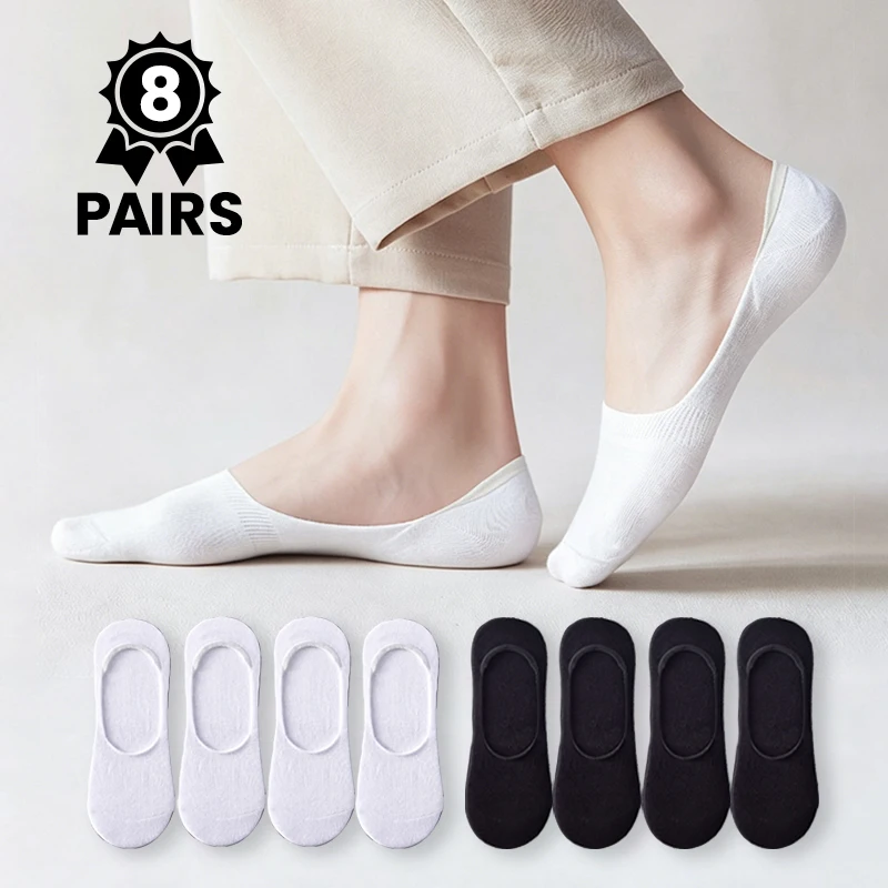 8Pairs Mens Solid Color Invisible Socks Summer Thin Cotton Non-slip Silicone Heel No Show Boat Socks Anti-drop Low Cut