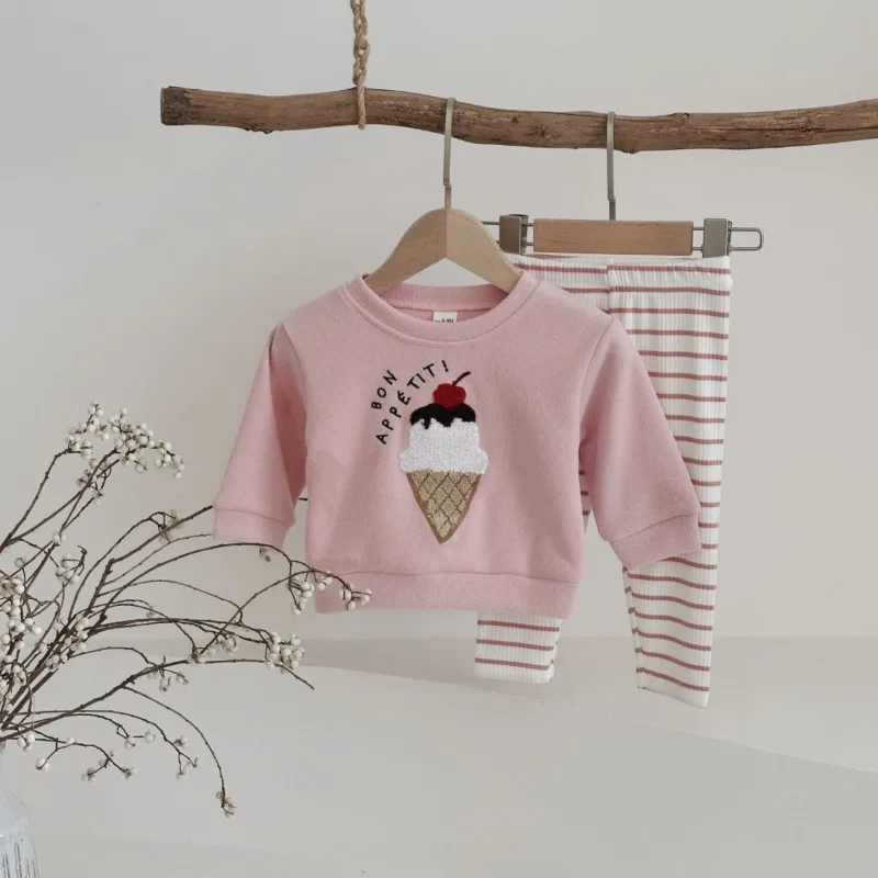 Kids Girls 2PCS Set Bellbell Autumn Infant Babys Girls Ice-cream Embroidery Sweatshirts Suits Newborn Striped Leggings Outfits