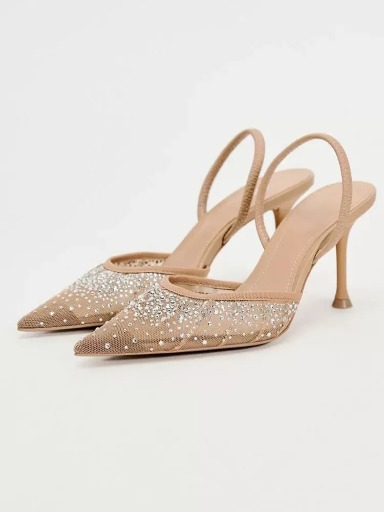 

2026 Spring New Product Apricot Bright Mesh Fashion Style Dew Heel Muller Shoes High Heels Diamond Sandals for Women