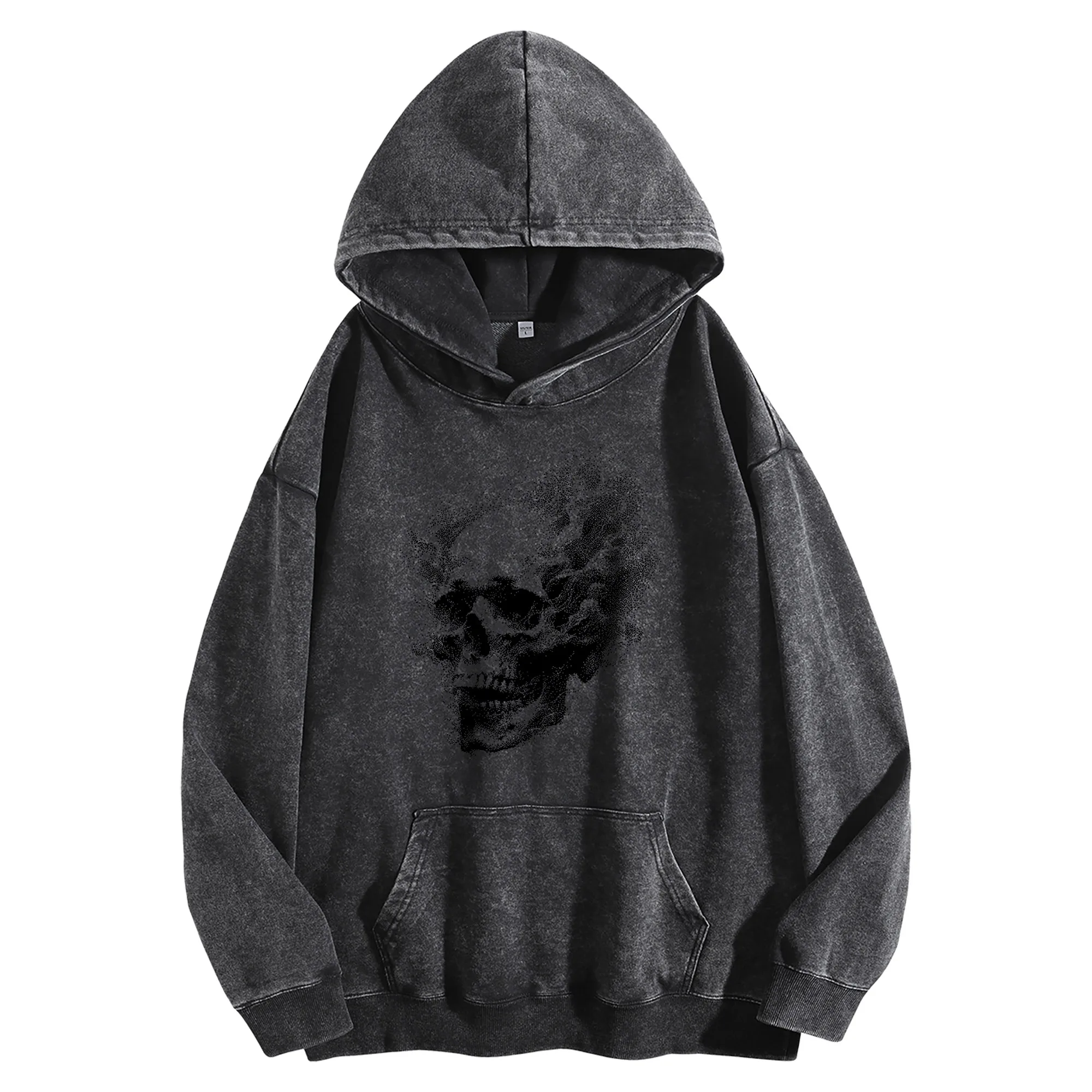 سترة بقلنسوة برسومات Demon Head Vintage مغسولة 400G للجنسين كبيرة الحجم لخريف/شتاء #3