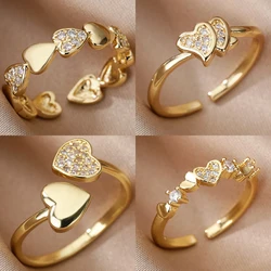 Heart Zircon Rings for Women Open Adjustable Stainless Steel Ring Gold Color Romantic Wedding Couple Aesthetic Jewelry anillos