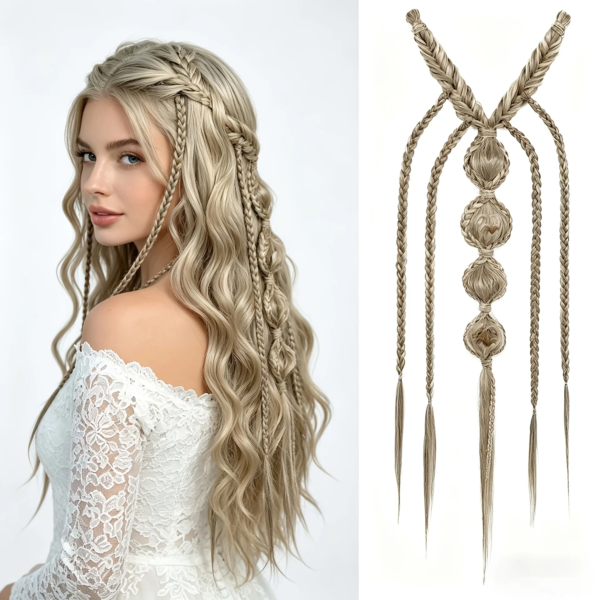 Halloween Clip-In Princess Braid Hair Extension, Boho Braided Hair Accessory for Women, Handmade Style Synthetic Hairpiece
